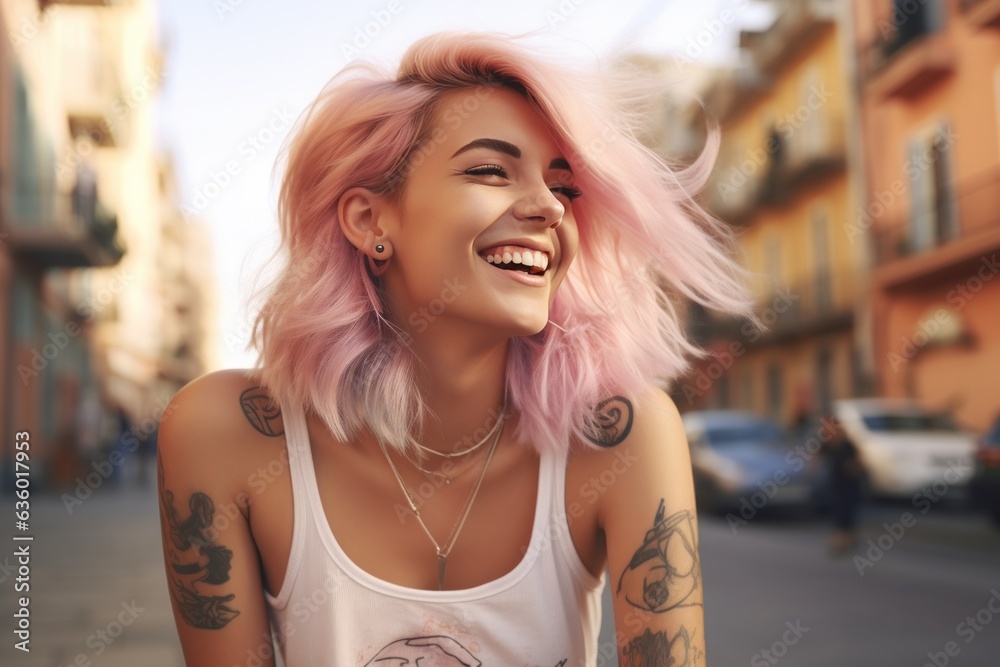 Girl with pink hair with tattoos on the street,