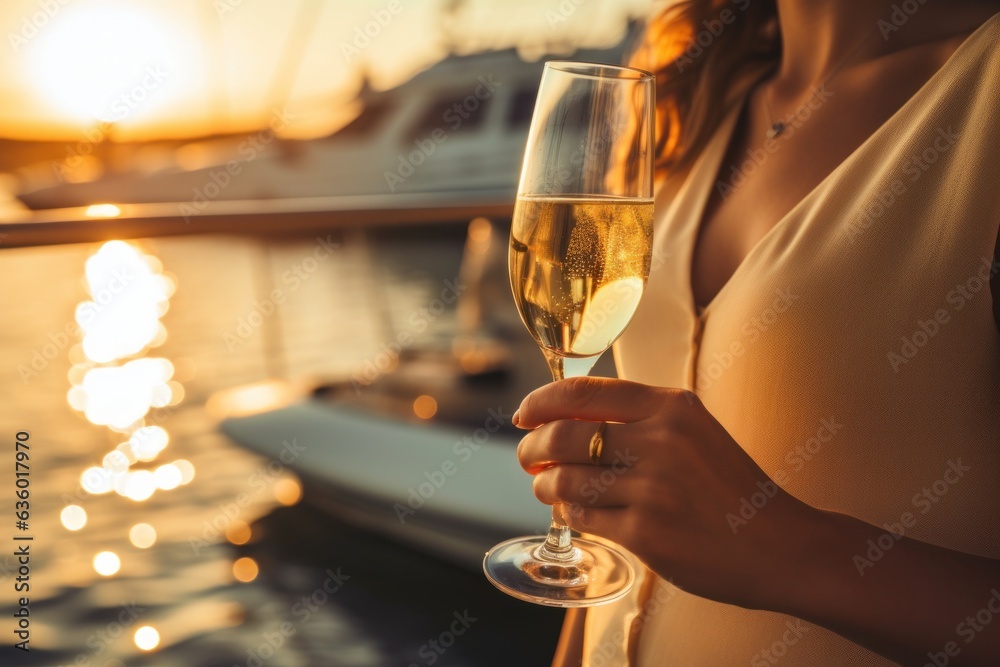 Woman with champagne glass on the boat