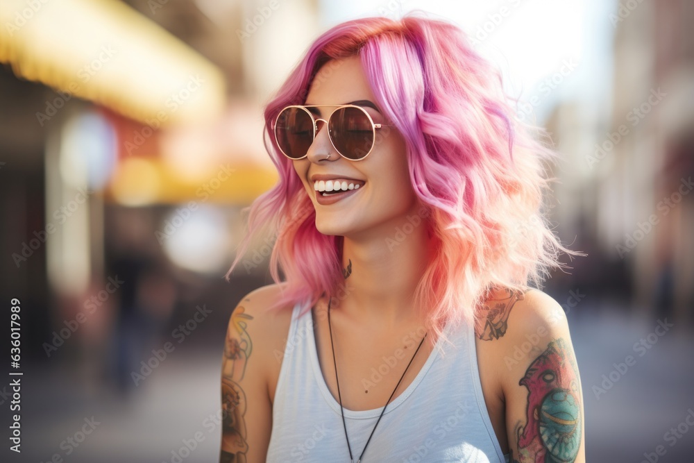 Girl with pink hair with tattoos on the street,