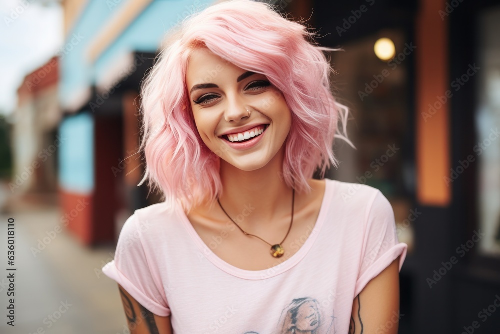 Girl with pink hair with tattoos on the street,