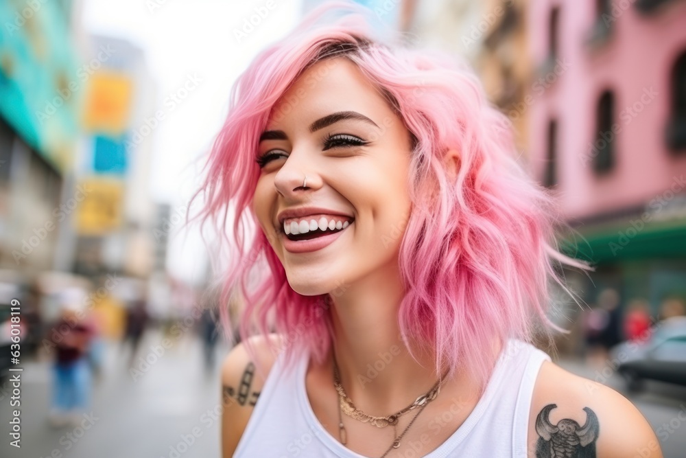 Girl with pink hair with tattoos on the street,