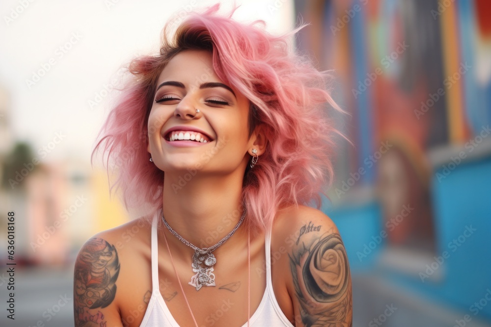 Girl with pink hair with tattoos on the street,