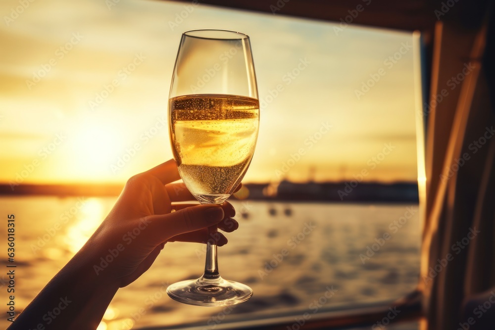 Woman with champagne glass on the boat