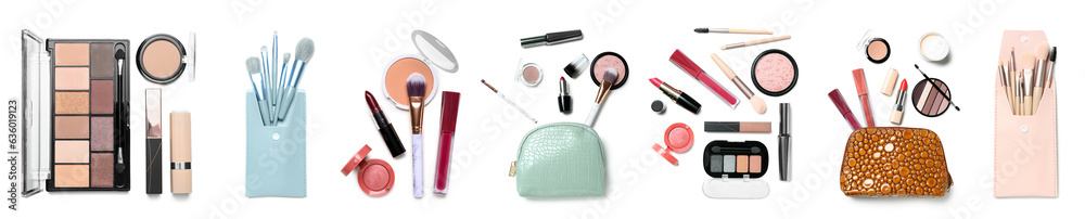 Collage of decorative cosmetics and makeup accessories on white background