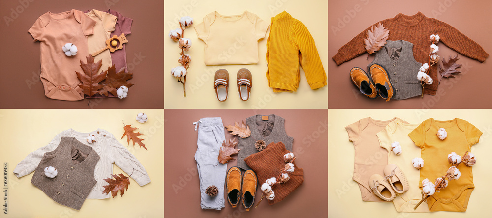 Set of stylish baby clothes and accessories on color background, top view