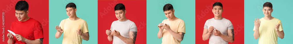 Collage of Asian man doing manicure on color background