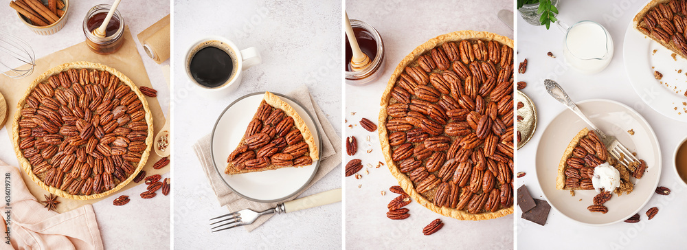 Collage of tasty pecan pie on light background