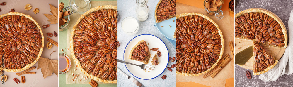 Collage of tasty pecan pie on table