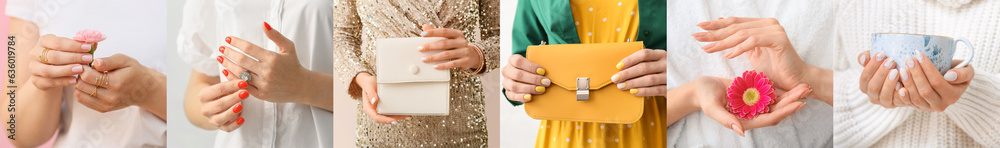 Collage of young women with stylish manicures, closeup