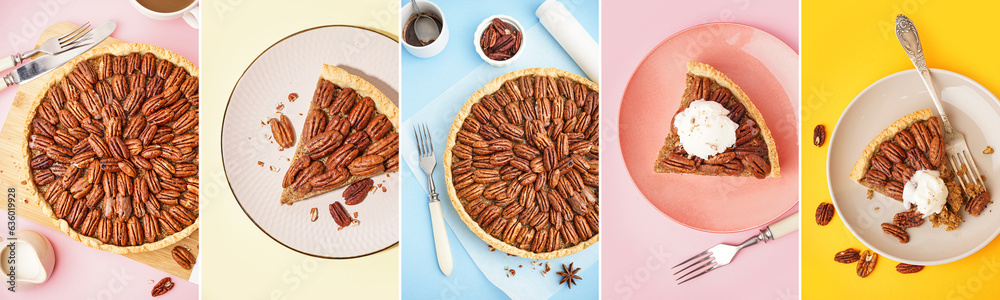 Collage of tasty pecan pie on color background