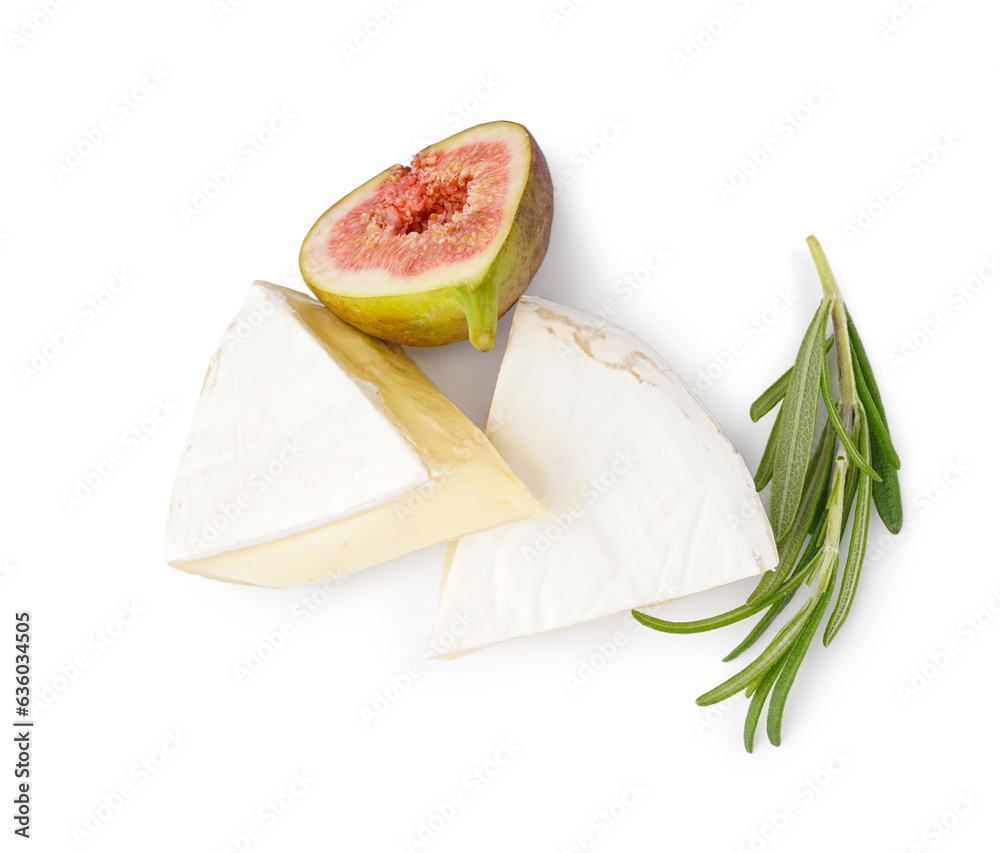 Pieces of tasty Camembert cheese on white background