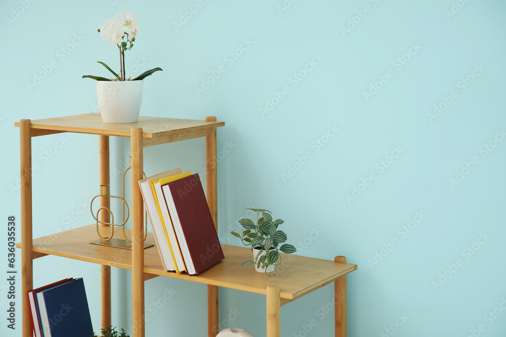 Shelving unit with books, orchid flower and decor near blue wall in room, closeup