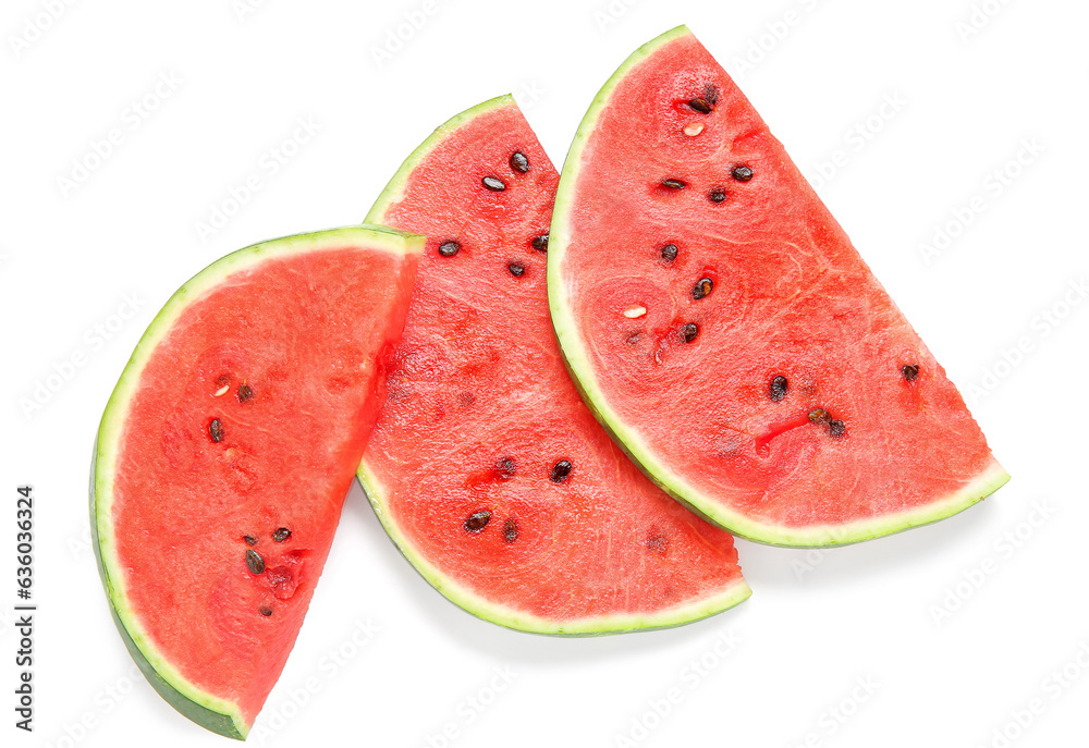 Pieces of fresh ripe watermelon on white background