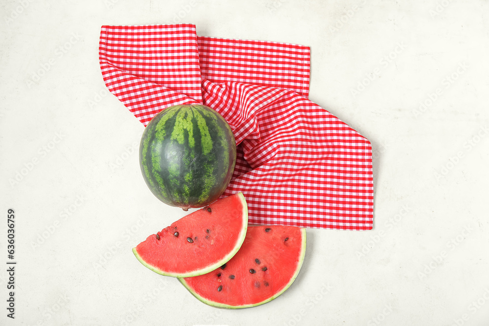 Pieces of fresh ripe watermelon on light background