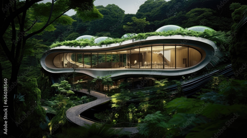 a leaf inspired house that is camouflaged into the surrounding nature