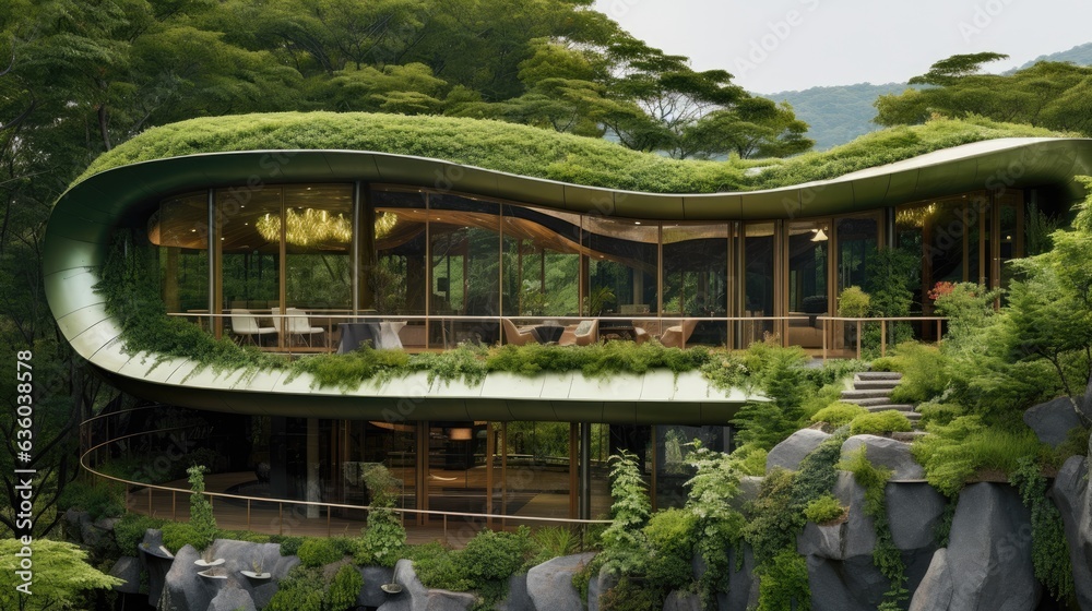 a leaf inspired house that is camouflaged into the surrounding nature