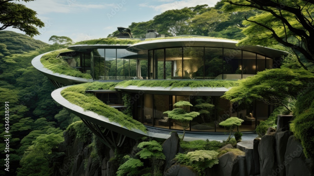 a leaf inspired house that is camouflaged into the surrounding nature