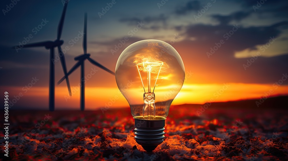 light bulb in the sun with wind power plant, in the desert