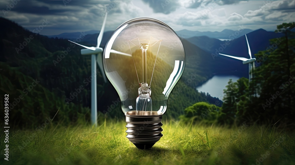 light bulb with green grass with wind power plant in the mountains