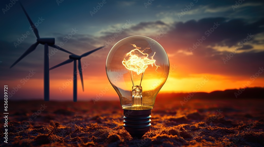 light bulb in the sun with wind power plant, in the desert