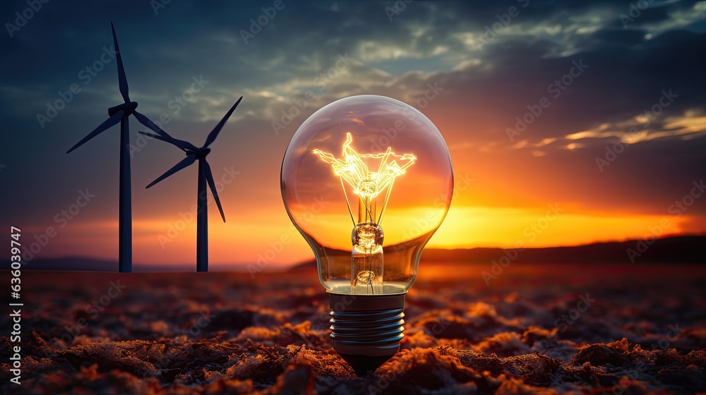 light bulb in the sun with wind power plant, in the desert