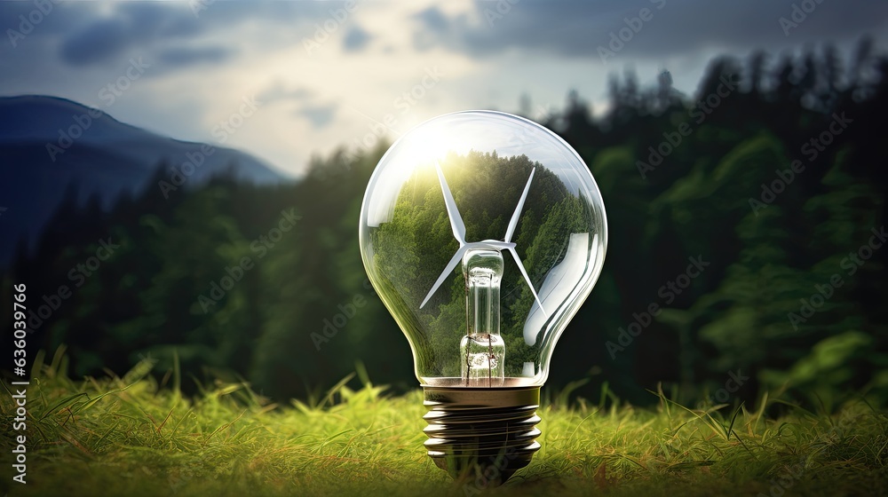 light bulb with green grass with wind power plant in the mountains