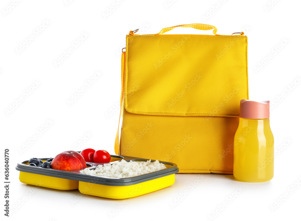 Bag with lunchbox and bottle of juice isolated on white background