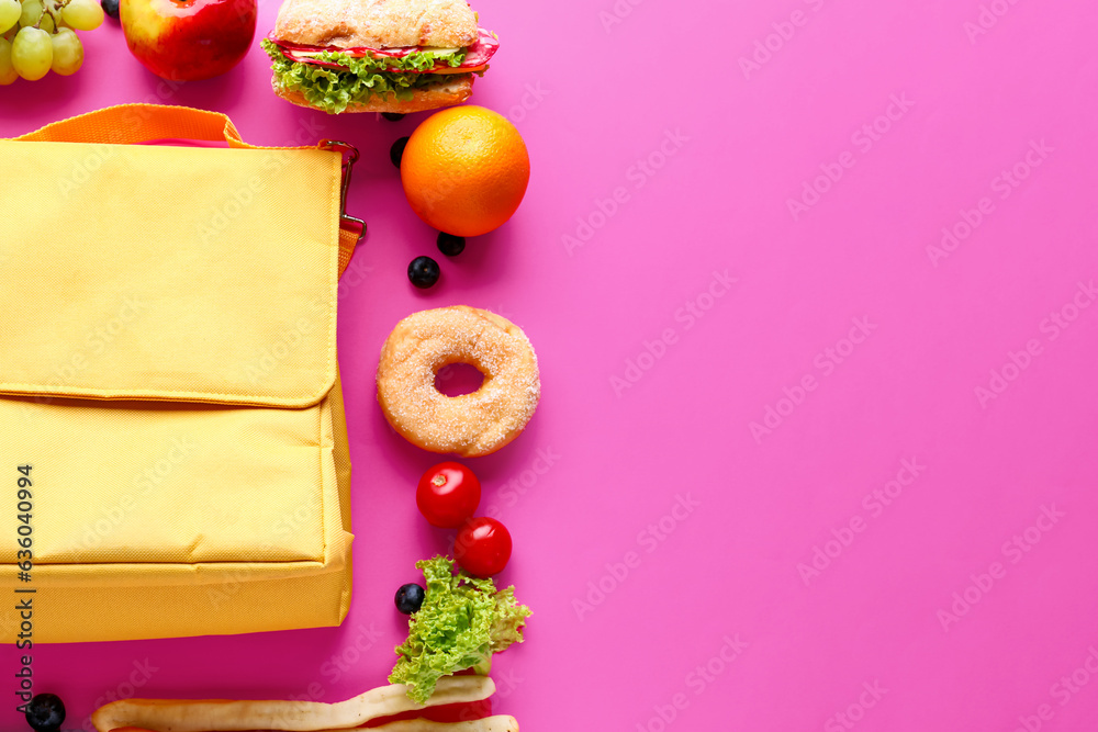 Lunch box bag with different tasty food on pink background