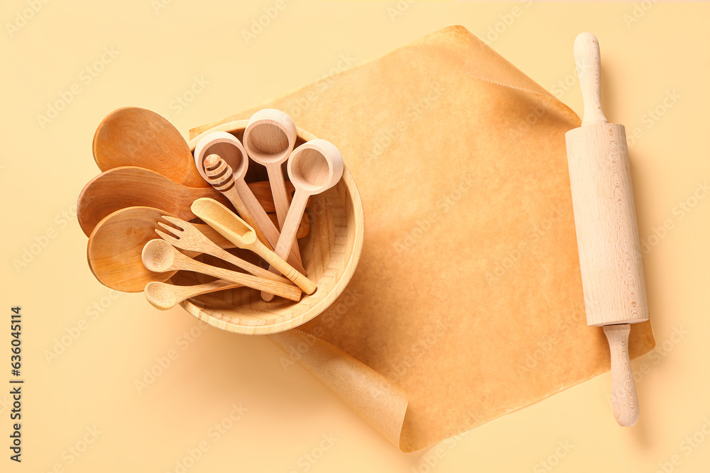 Baking utensils on beige background