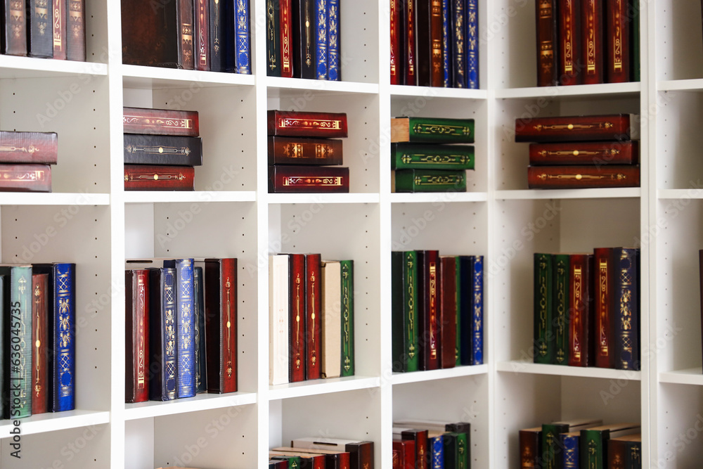 Shelving unit with books in library