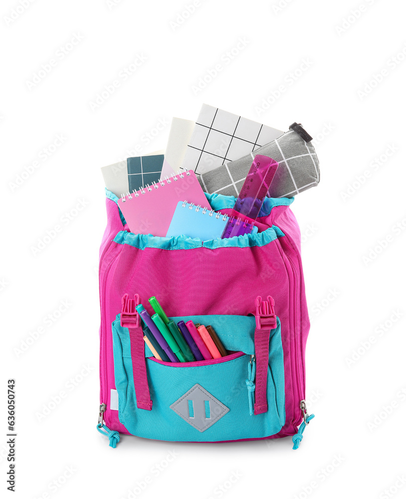 Stylish school backpack with different stationery on white background