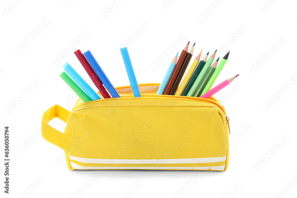 Stylish case with color pencils and felt-tip pens on white background