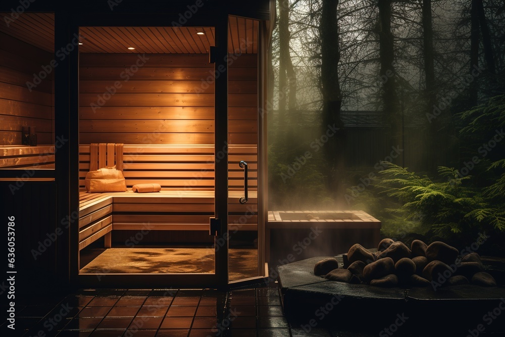 interior of a beautiful wooden sauna in a cottage.