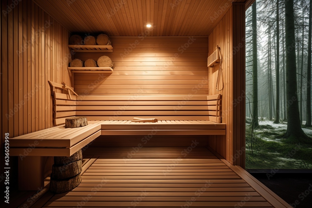 interior of a beautiful wooden sauna in a cottage.