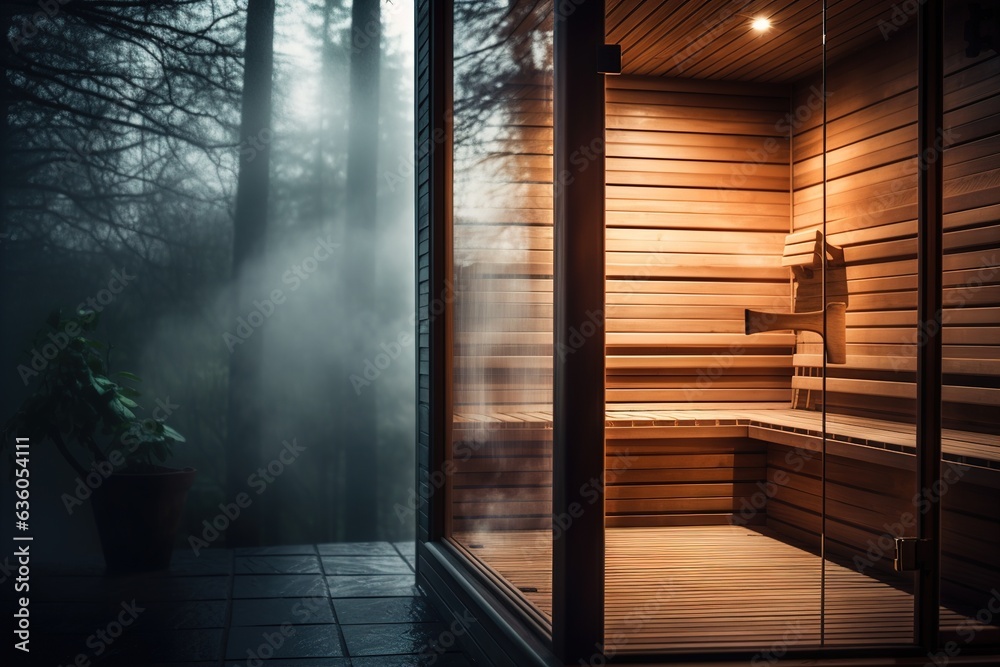 interior of a beautiful wooden sauna in a cottage.