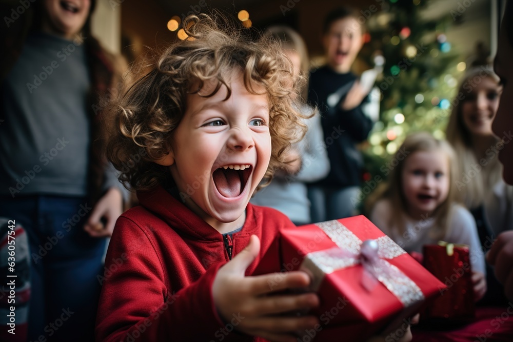 Children screaming with delight receiving gifts for New Year