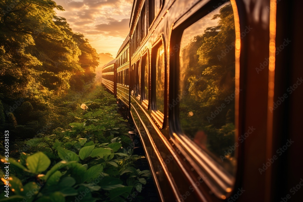 Passenger train rides through beautiful landscape. Exterior view