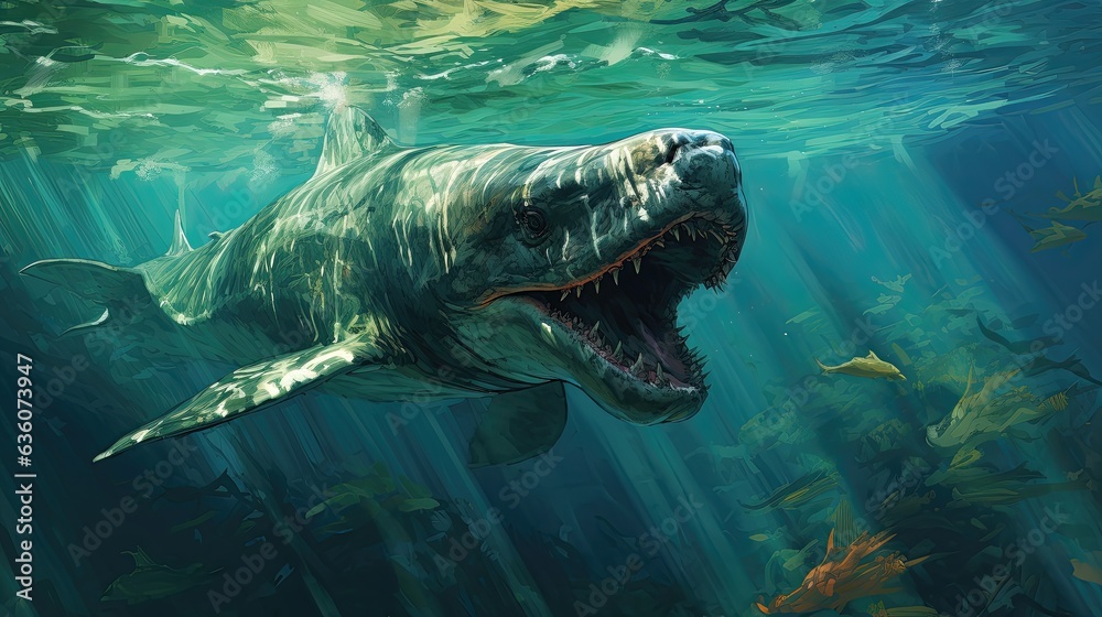 Amegalodon swimming in a green ocean