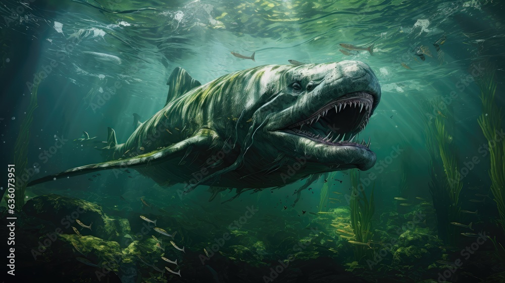 Amegalodon swimming in a green ocean