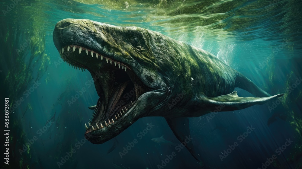 Amegalodon swimming in a green ocean