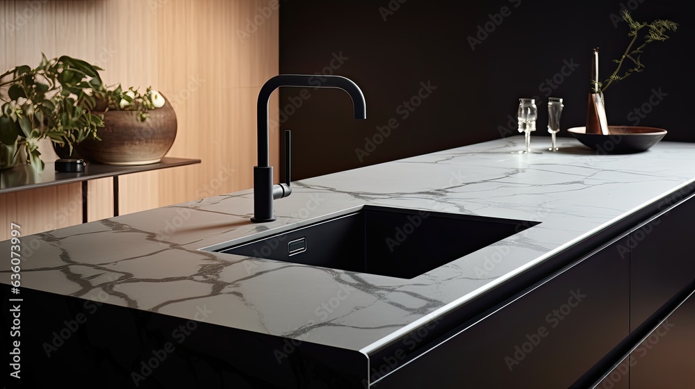 calacatta marble kitchen countertop minimal with undermounted sink matte black