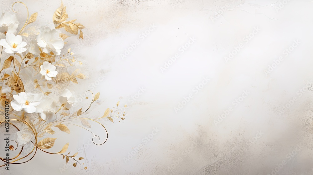 serene white textured background with gold swirl and white flower border