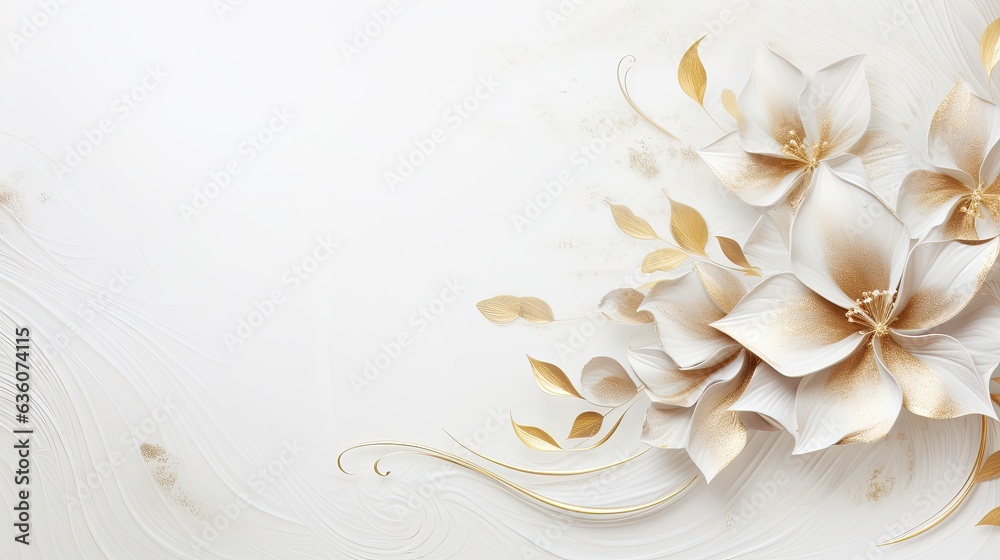 serene white textured background with gold swirl and white flower border