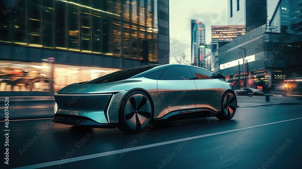 futuristic electric liftback car outside on modern city, street out of focus