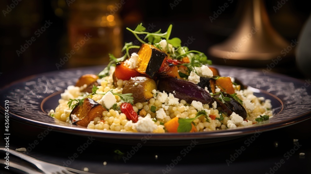 grilled chicken with couscous and with roasted vegetables and feta cheese