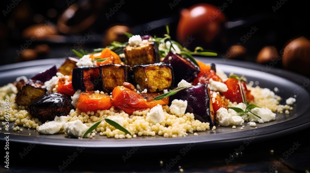 grilled chicken with couscous and with roasted vegetables and feta cheese