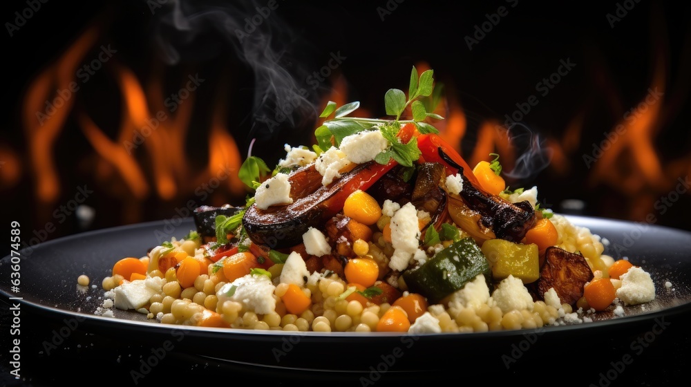 grilled chicken with couscous and with roasted vegetables and feta cheese