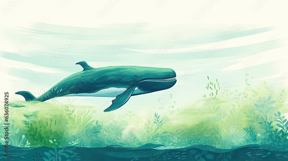 a blue whale swimming in a green ocean