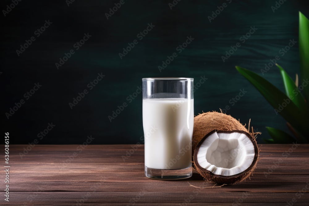 Coconut milk in glass on rustic wooden table top, close up view. 