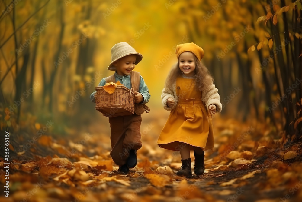 Children happily enjoying playing among the falling autumn leaves in nature